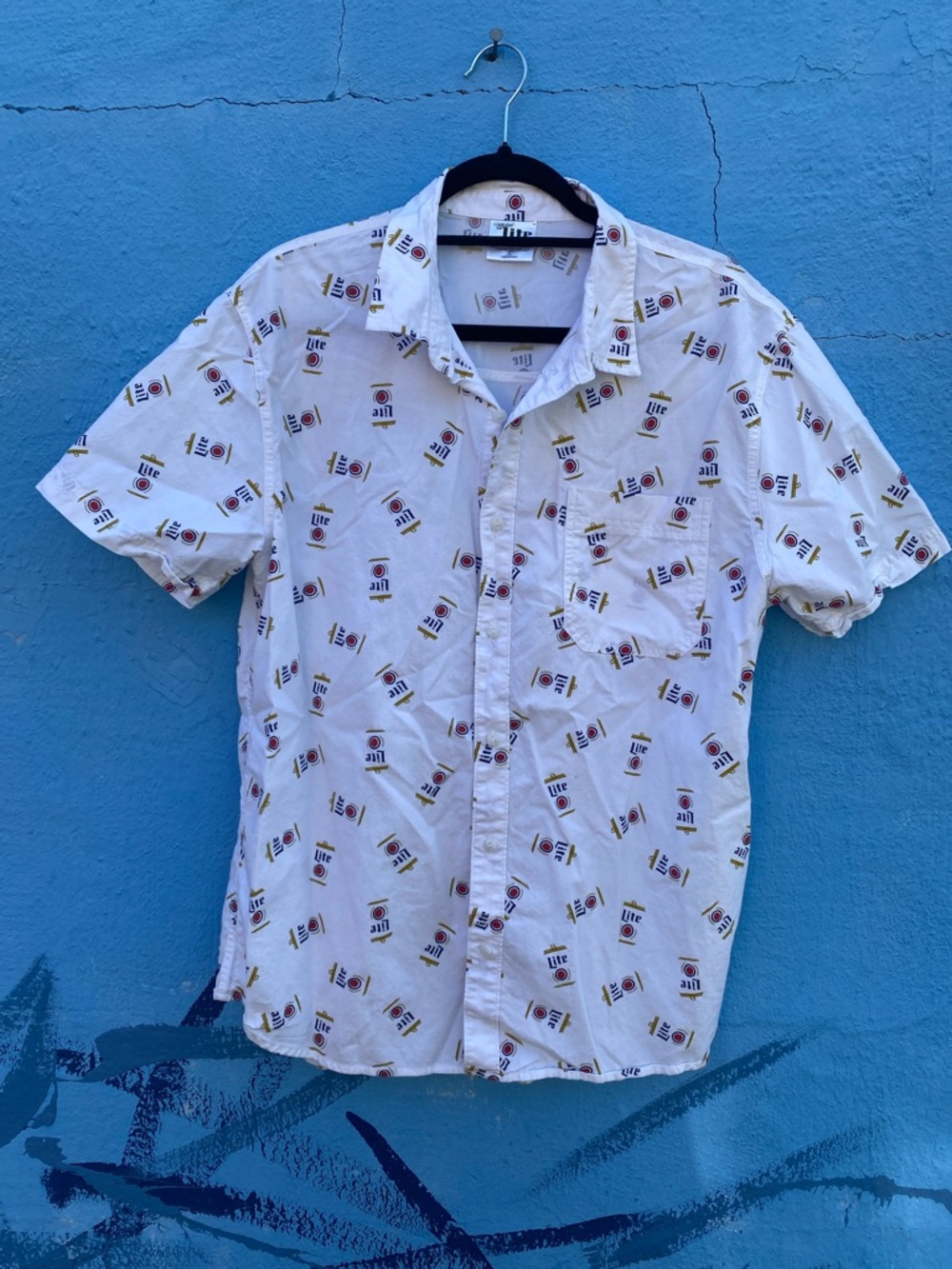 Miller Lite beer shirt, short sleeve button down summer lightweight shirt, L
